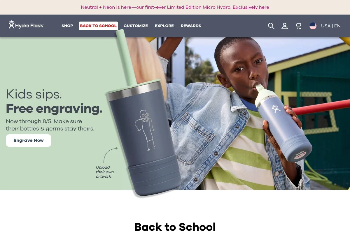 Screenshot of Hydro Flask homepage